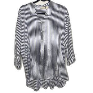 Chicos Semi-Sheer Striped Blouse Womens 2 Button Front Tunic 3/4 Sleeve Blue XL